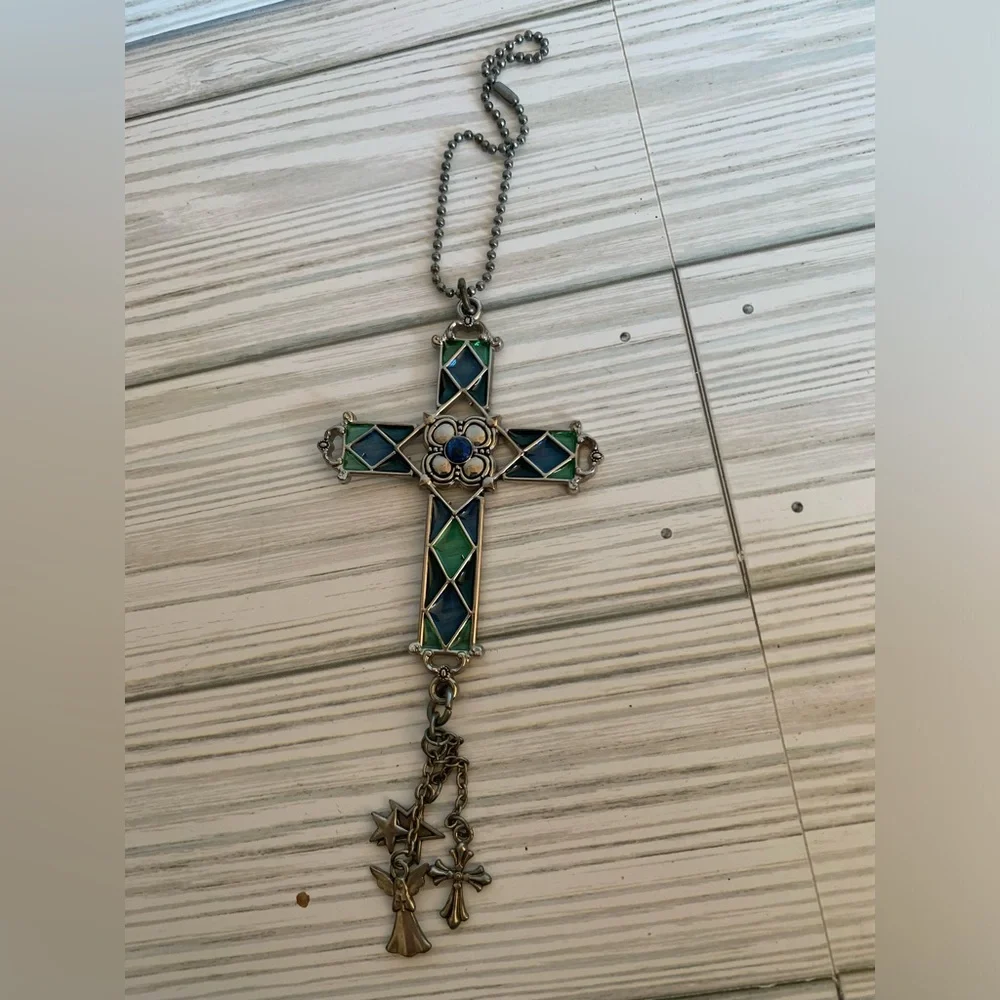 -Inspired Green and Blue Stained Glass Cross car mirror Hanging decor - Picture 1 of 2